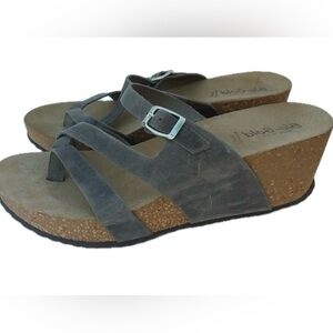 Bio Gold Grey Leather Cork Wedge Sandals. Size 8